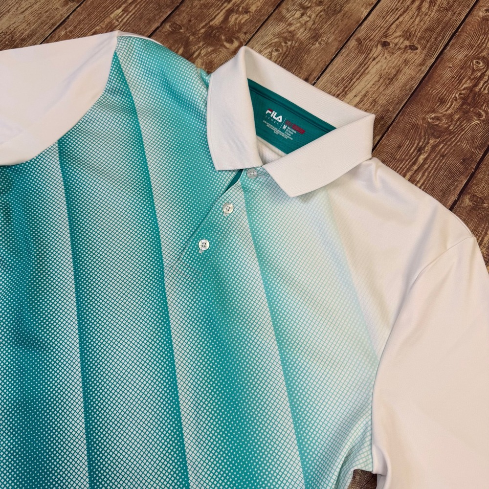 Fila Sport Golf Polo Shirt Mens Medium Teal White Diagonal Print Athletic Fit